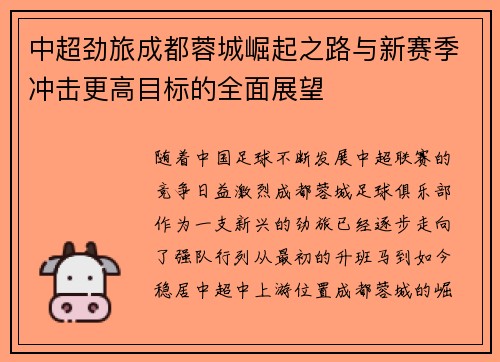 中超劲旅成都蓉城崛起之路与新赛季冲击更高目标的全面展望