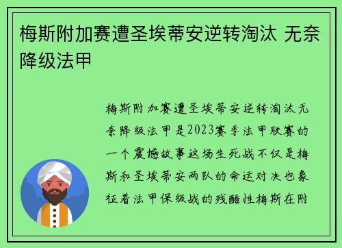 梅斯附加赛遭圣埃蒂安逆转淘汰 无奈降级法甲